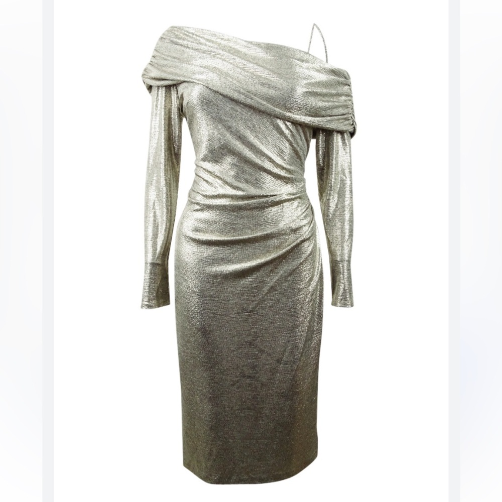 Betsy and Adam gold asymmetrical metallic gold midi dress, Festive dress - Picture 3 of 12